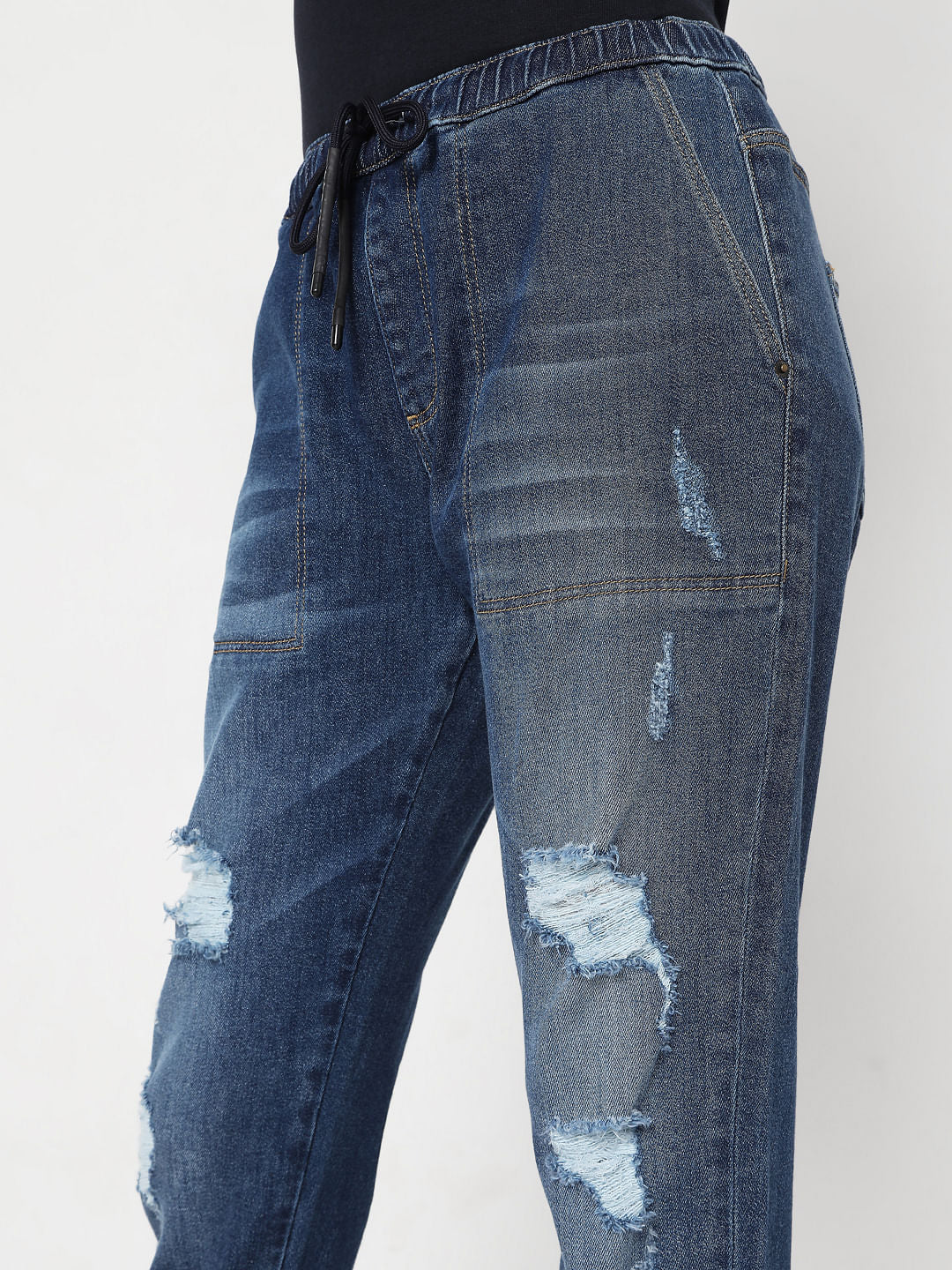 Blue High Rise Distressed Jogger Jeans