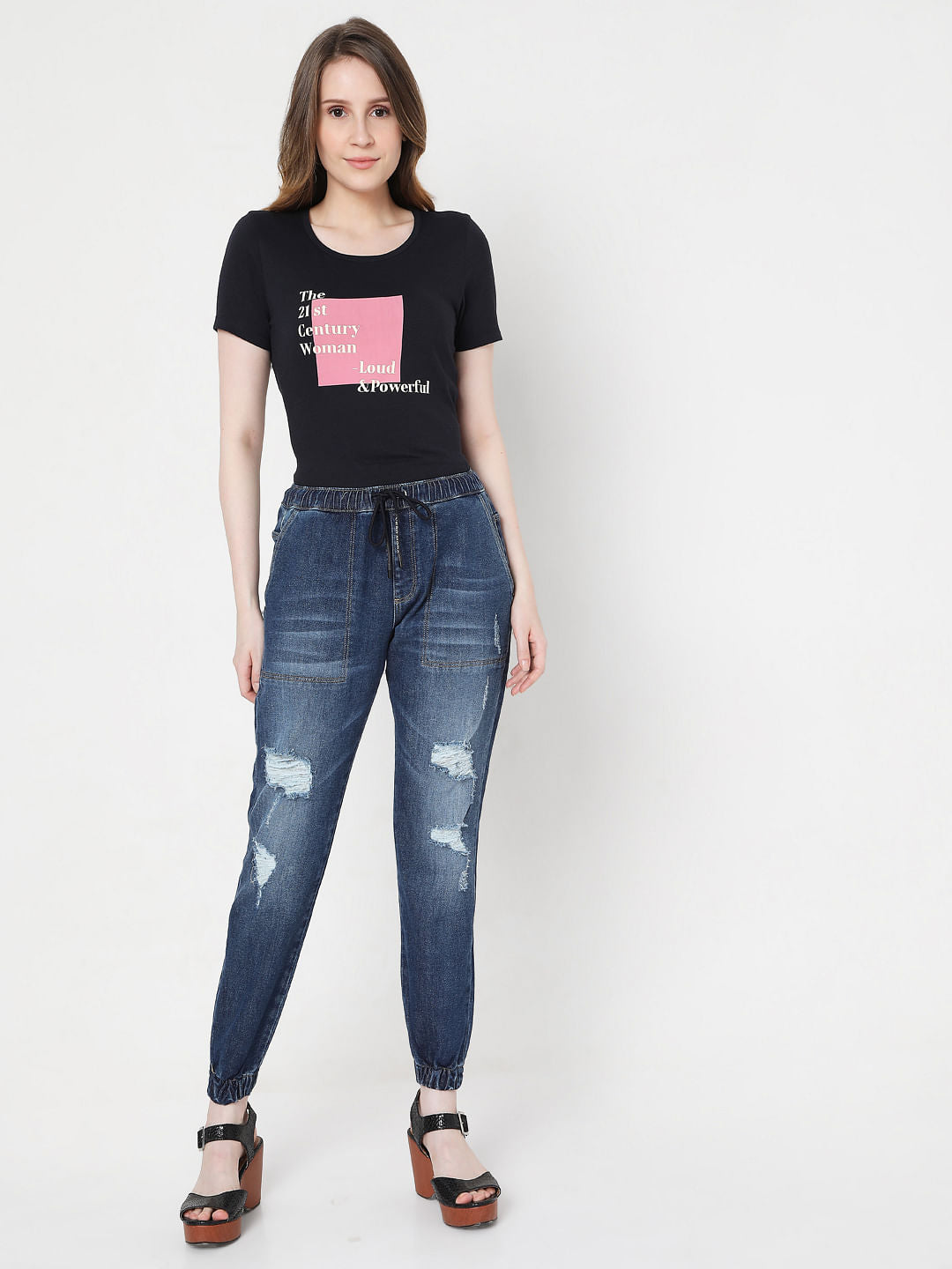 Blue High Rise Distressed Jogger Jeans