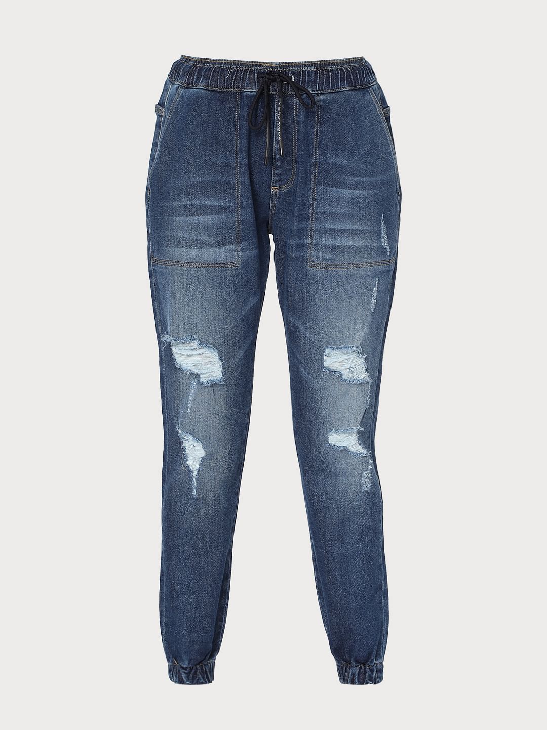 Blue High Rise Distressed Jogger Jeans