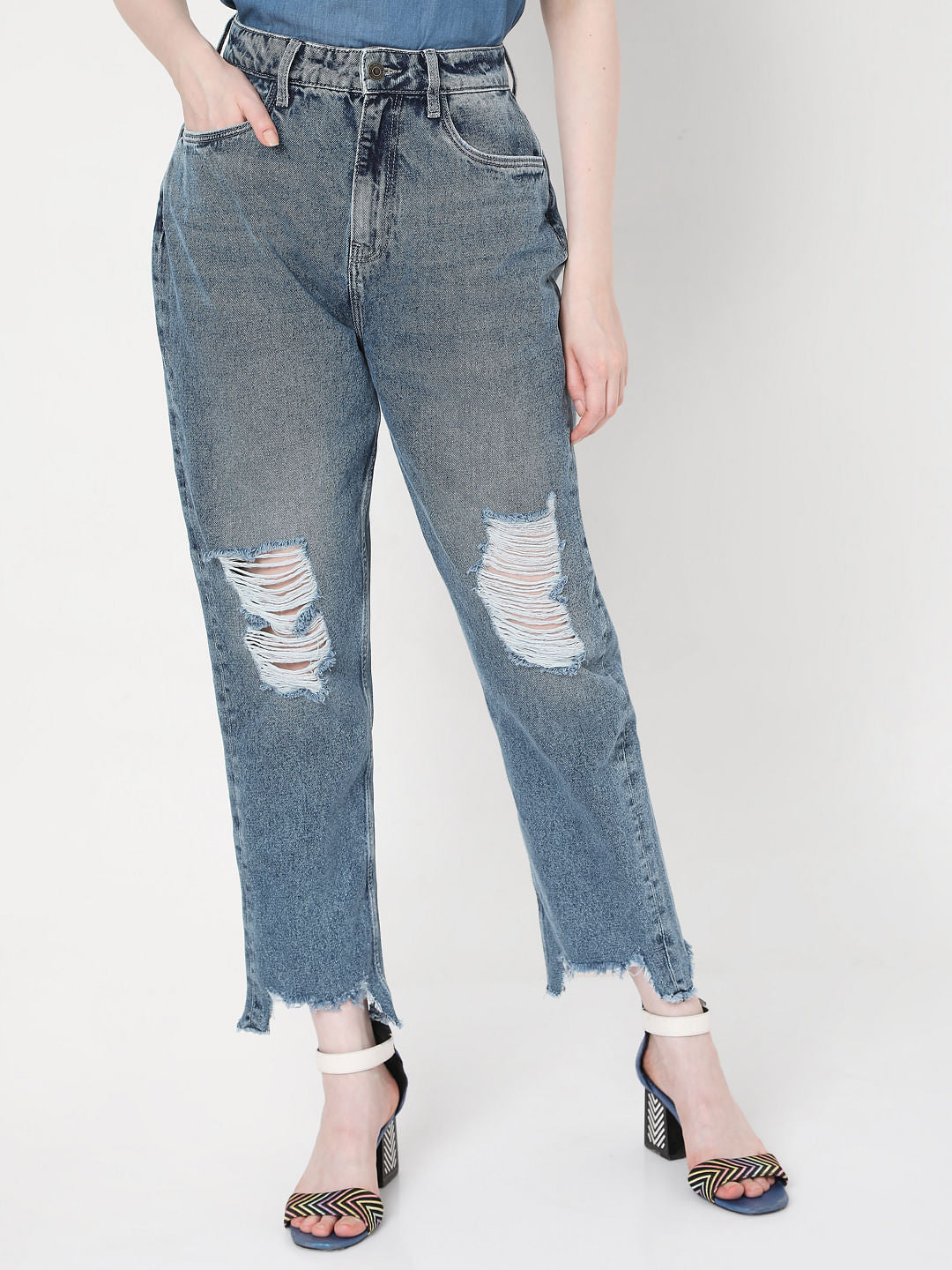 Blue Mid Rise Ripped Mom Jeans