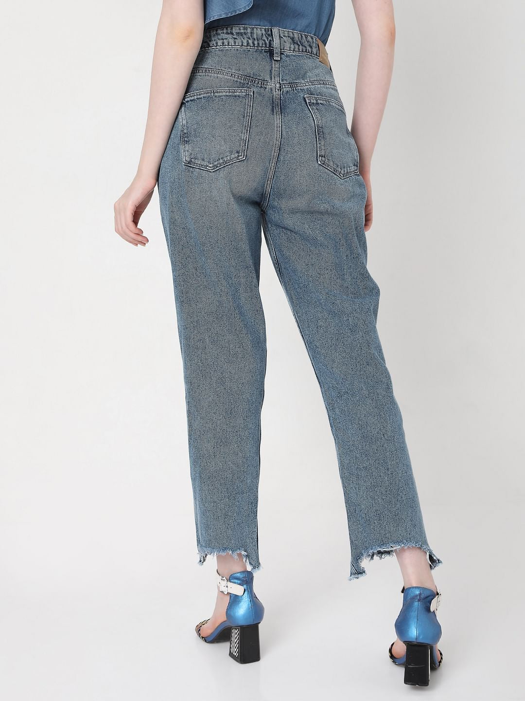 Blue Mid Rise Ripped Mom Jeans