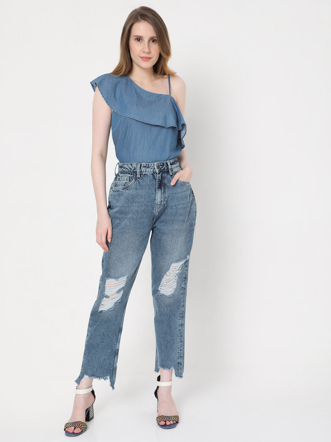 Blue Mid Rise Ripped Mom Jeans