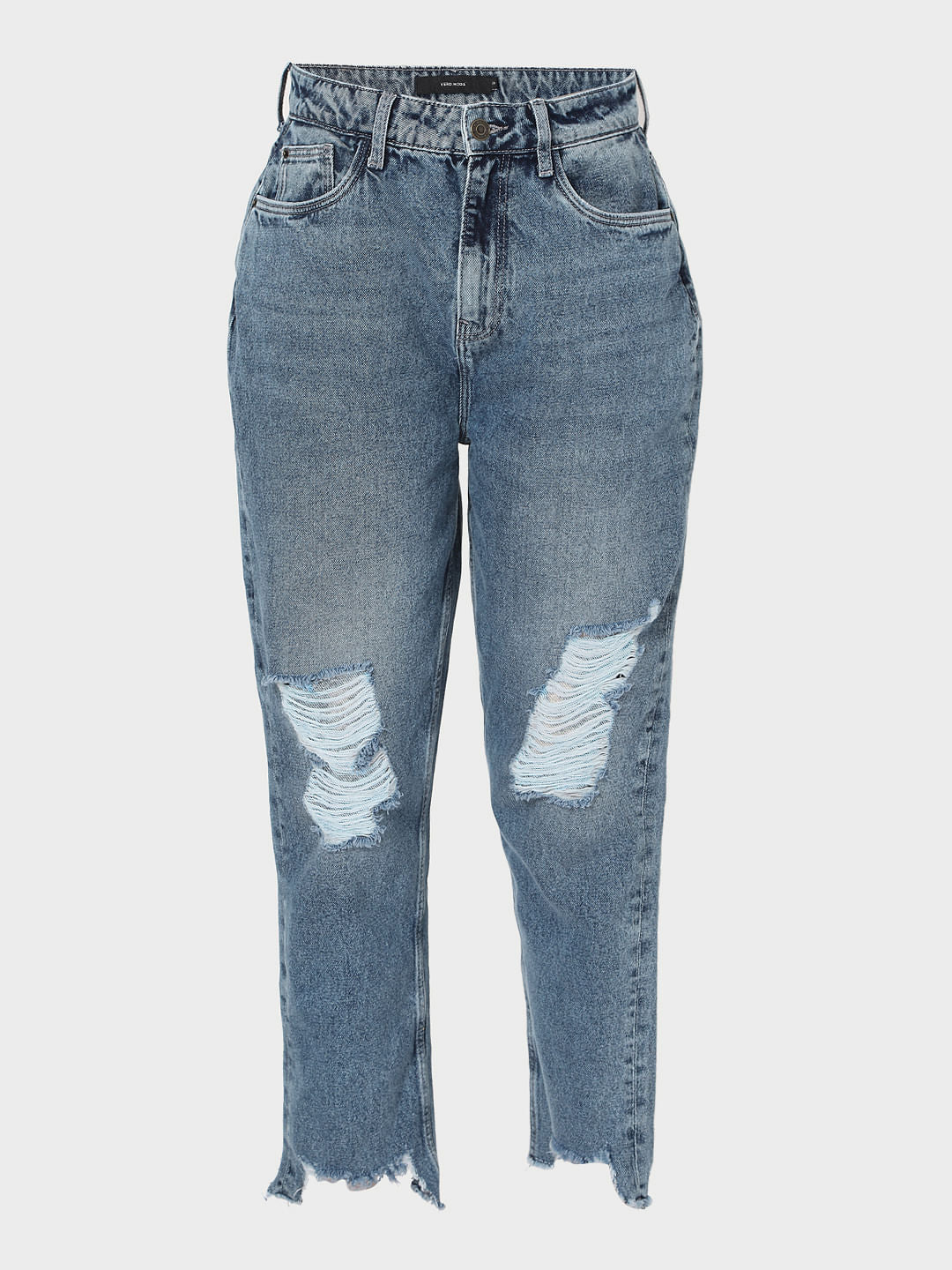 Blue Mid Rise Ripped Mom Jeans