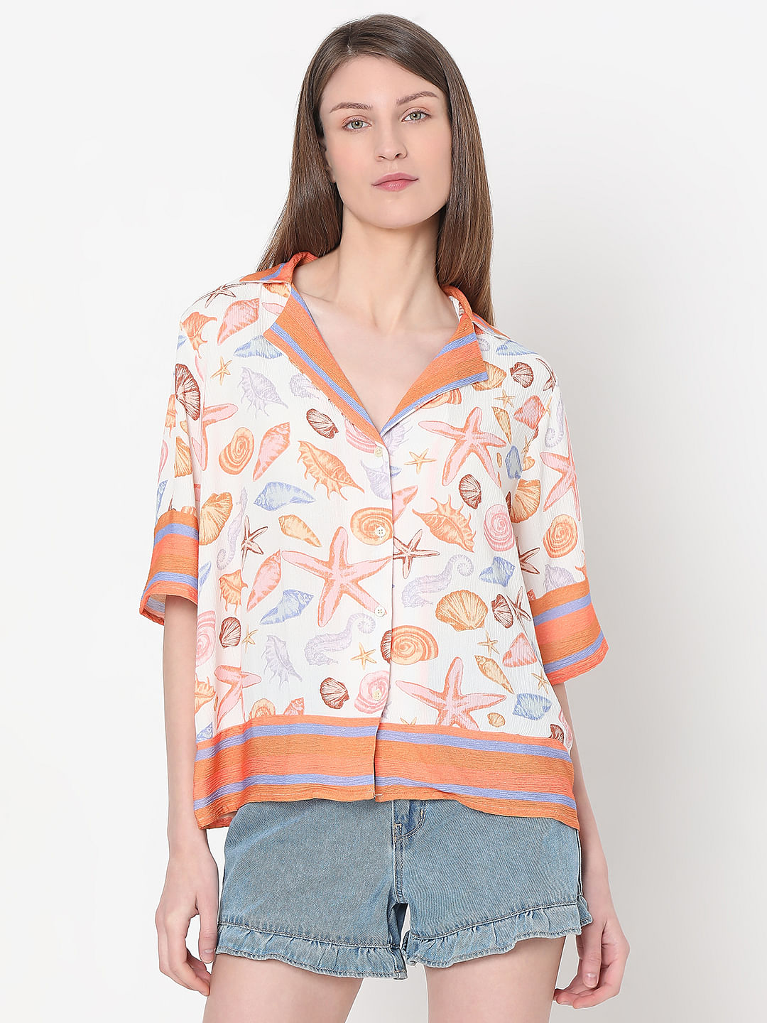 White Seashell Print Shirt