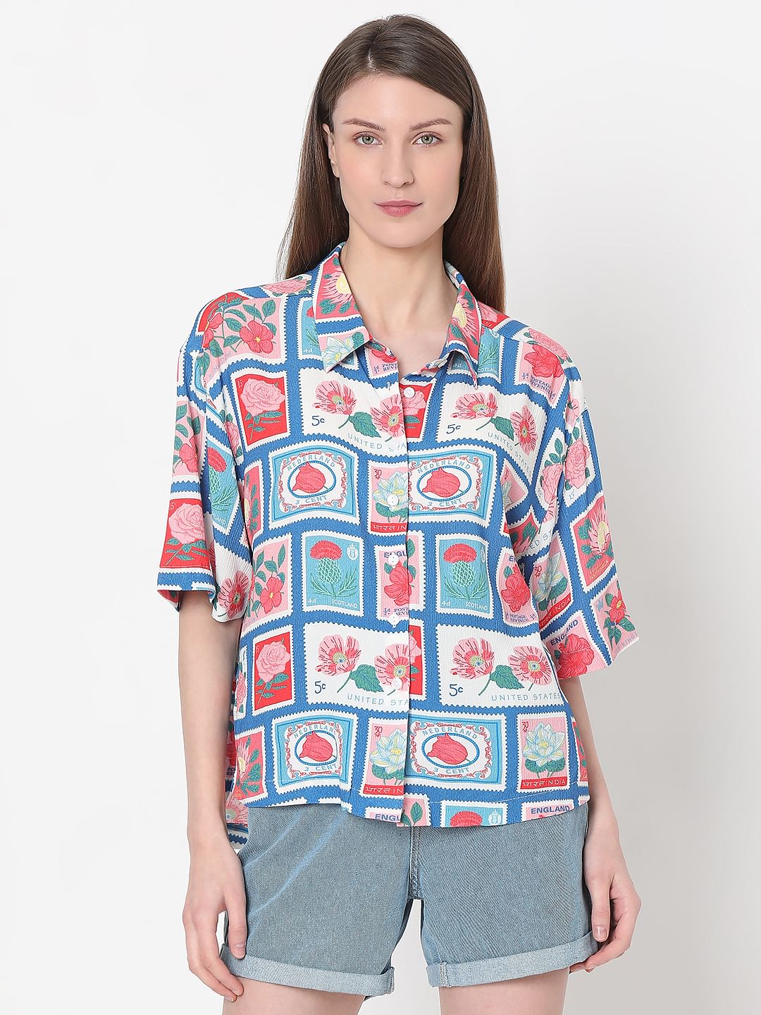 Blue Floral Stamp Print Shirt