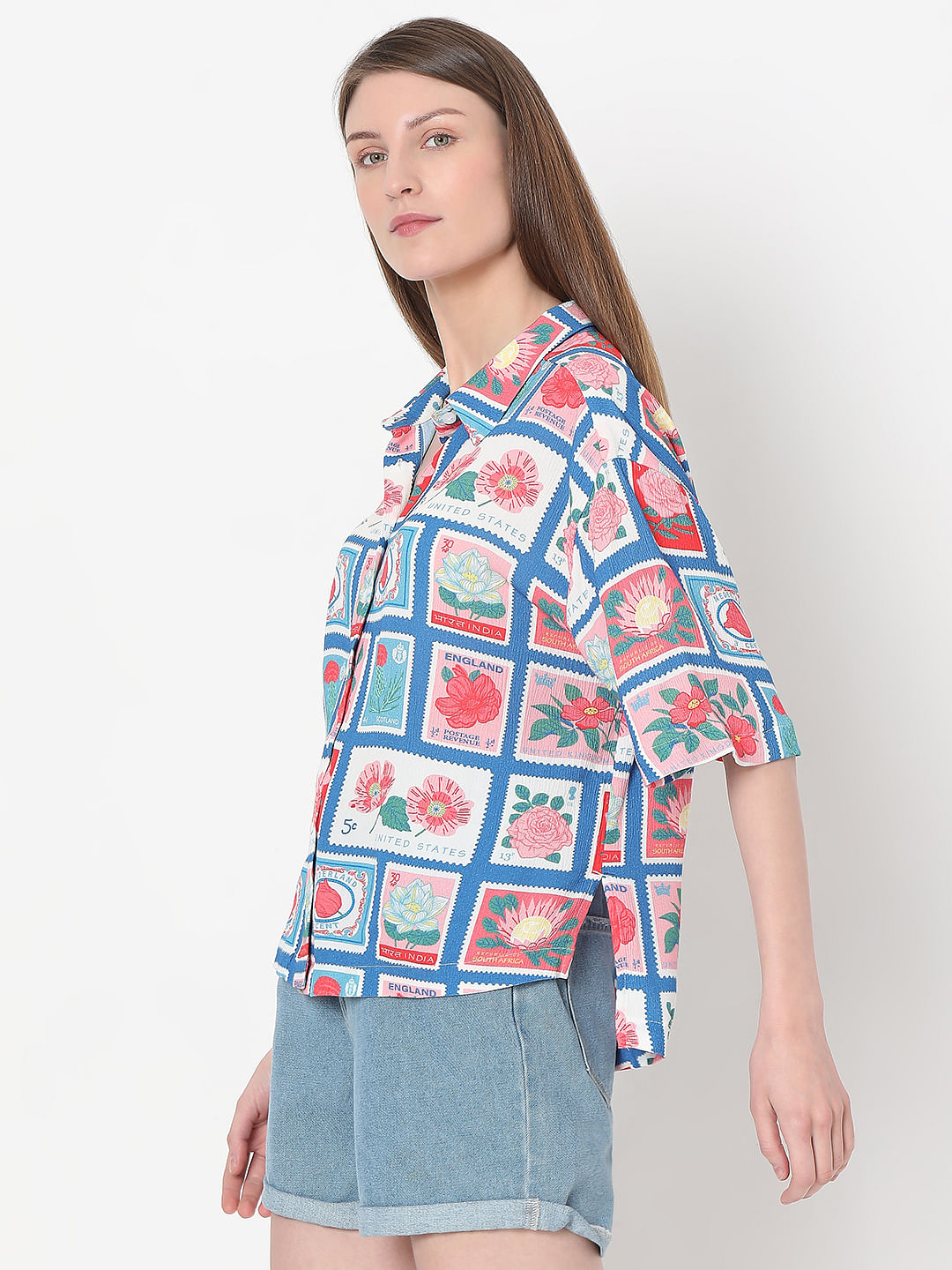 Blue Floral Stamp Print Shirt