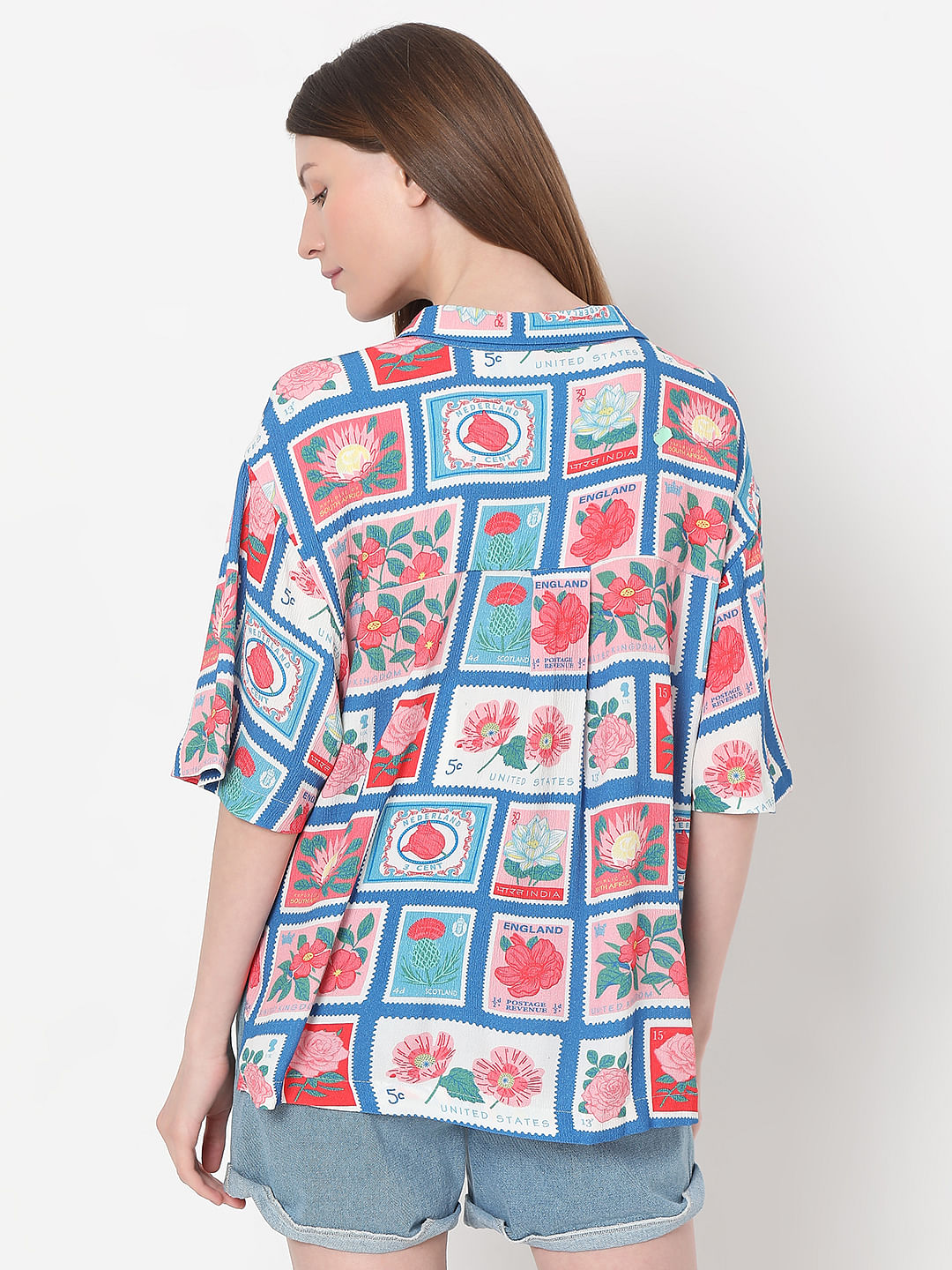 Blue Floral Stamp Print Shirt