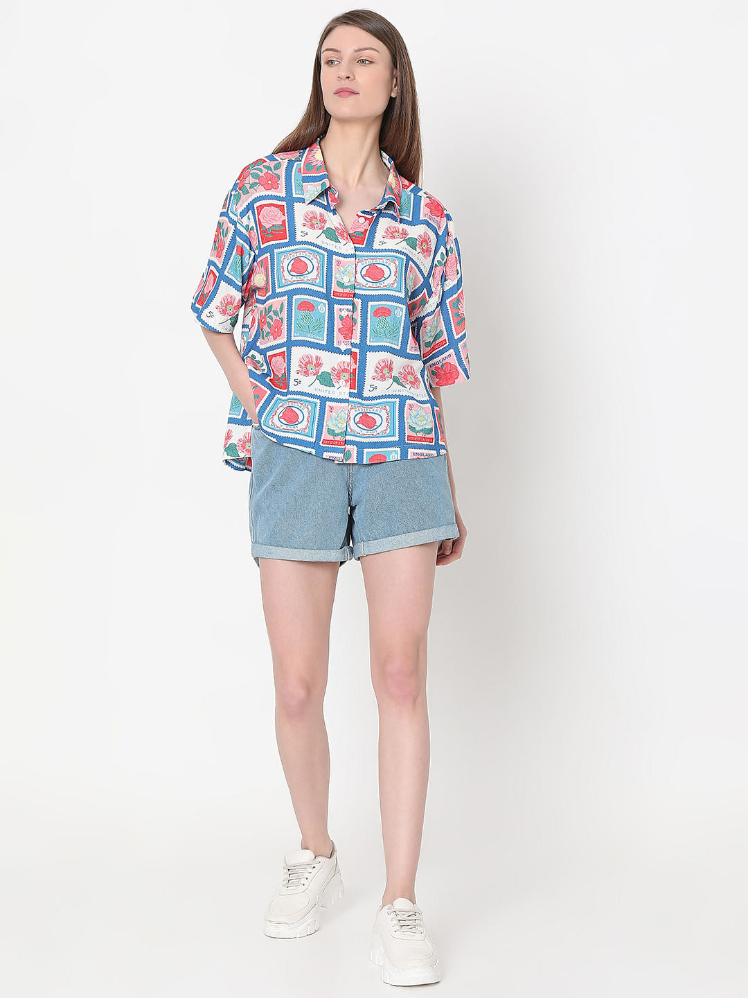 Blue Floral Stamp Print Shirt