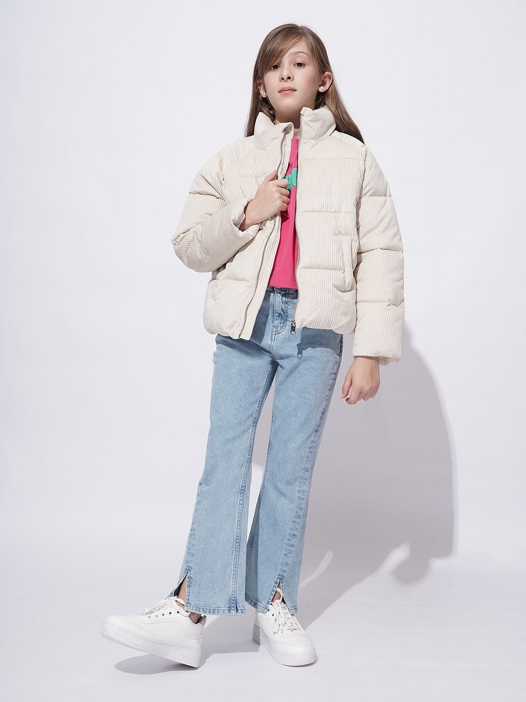 Girls Beige Corduroy Puffer Jacket
