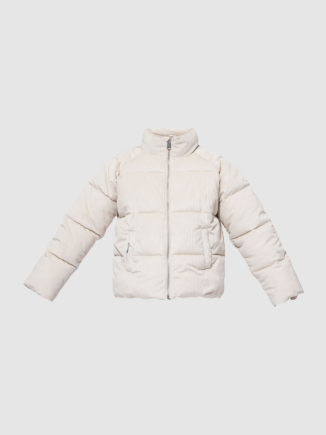 Girls Beige Corduroy Puffer Jacket