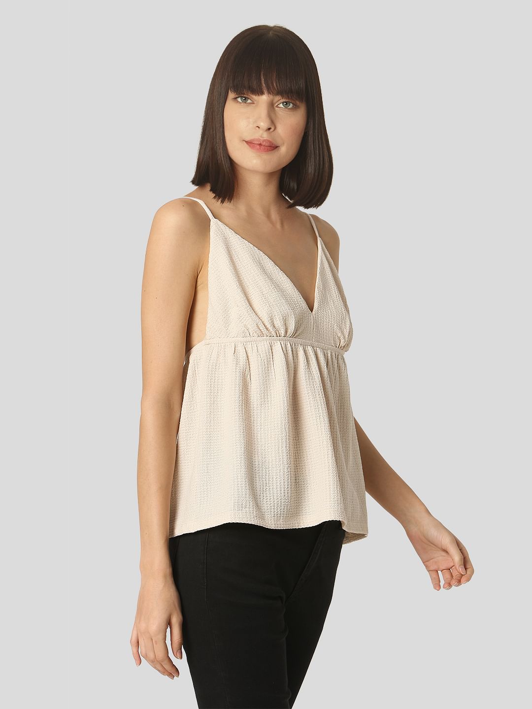 Beige Textured Strappy Top