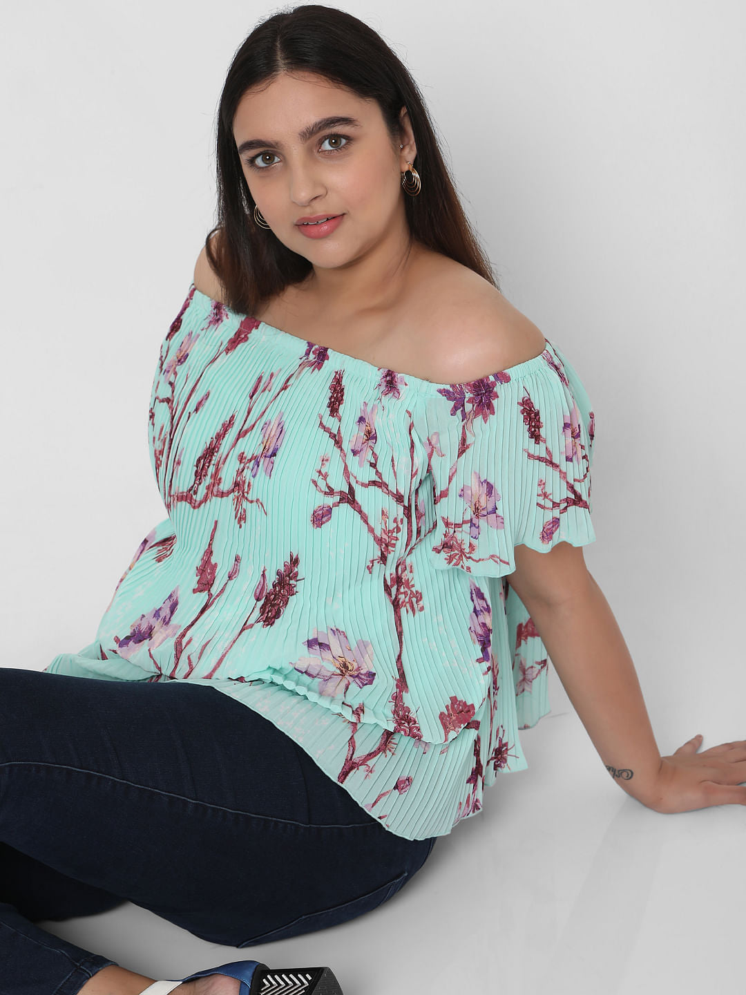 Curve Green Off Shoulder Floral Pleated Top