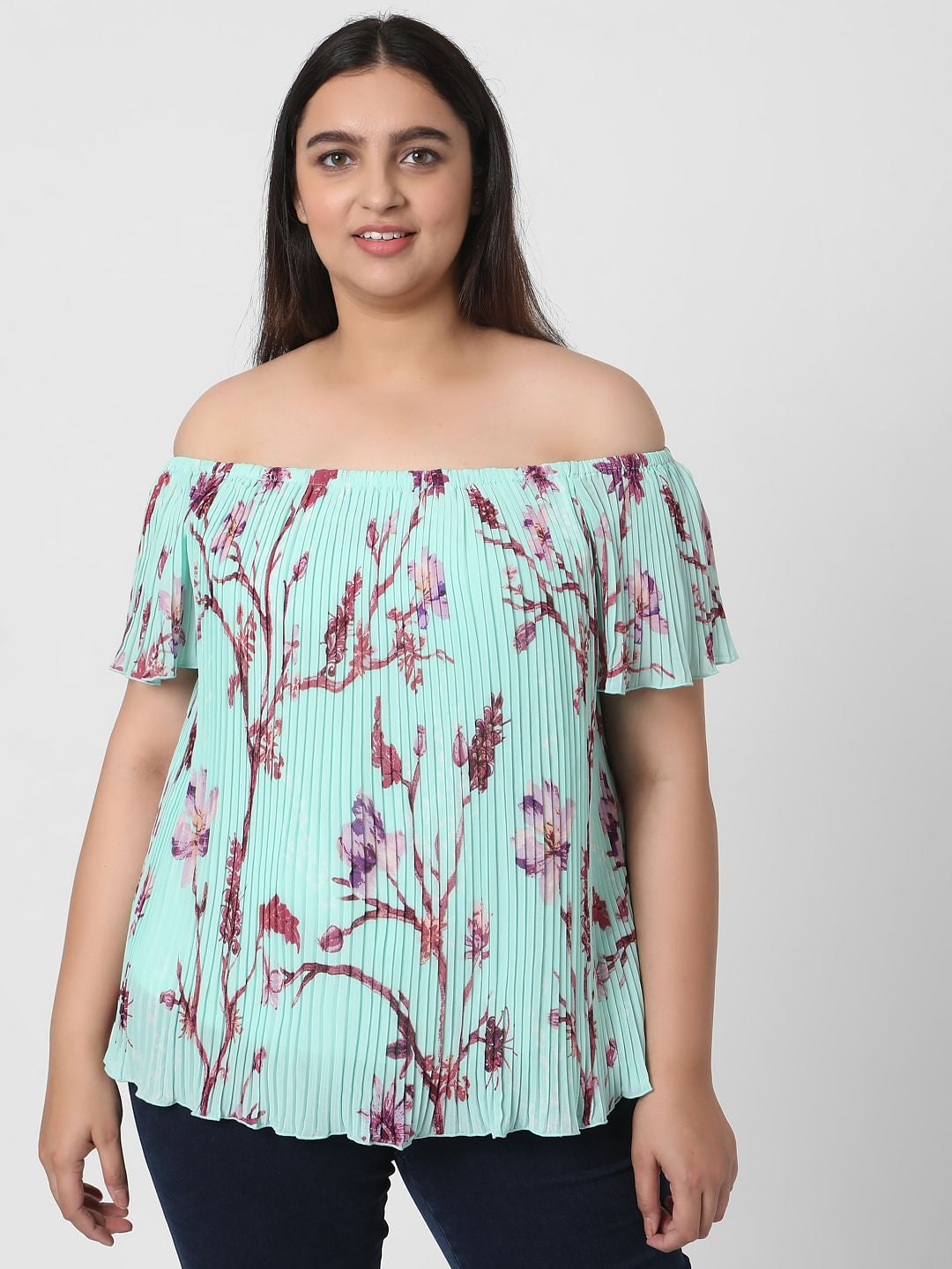 Curve Green Off Shoulder Floral Pleated Top