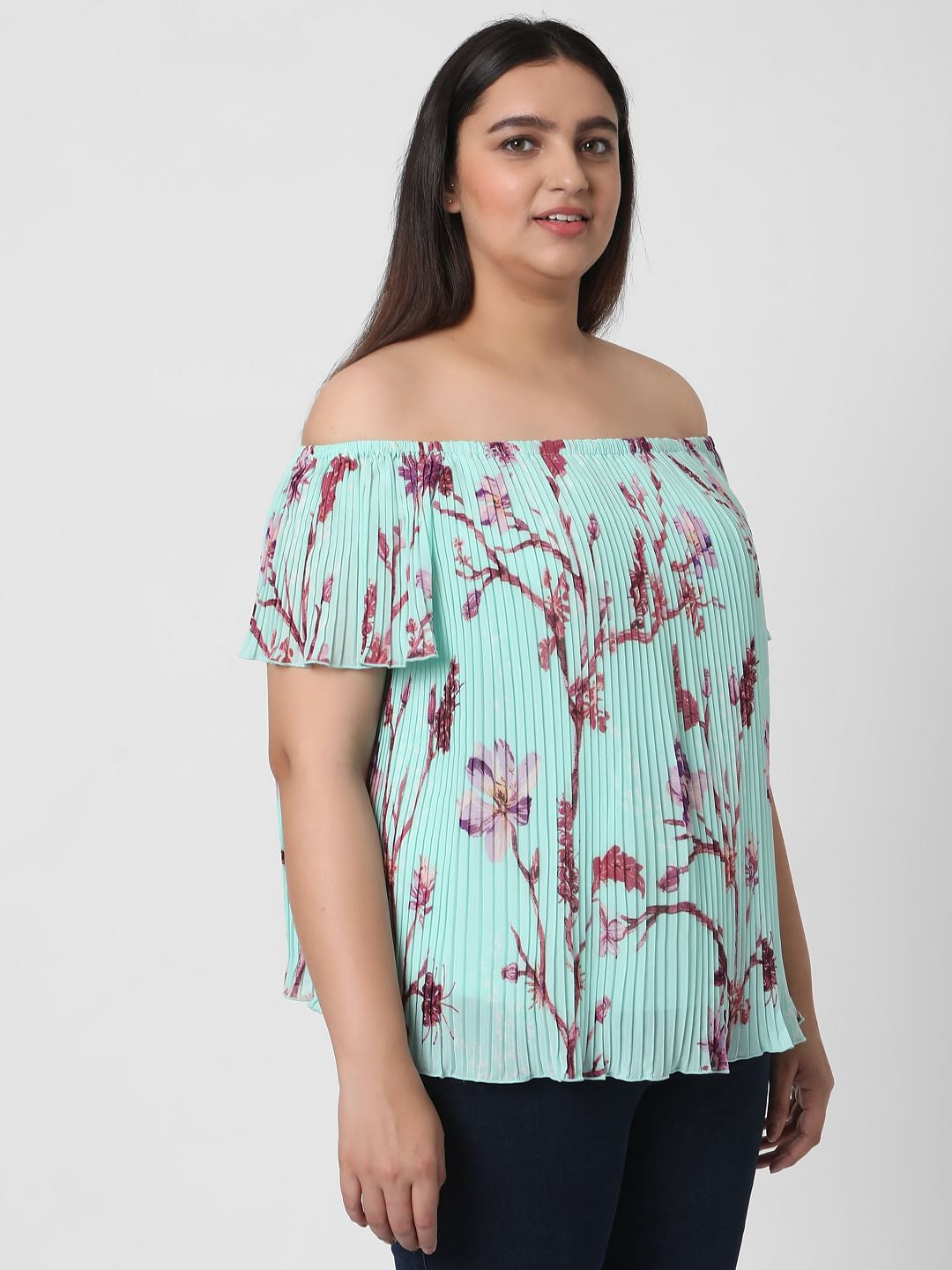 Curve Green Off Shoulder Floral Pleated Top