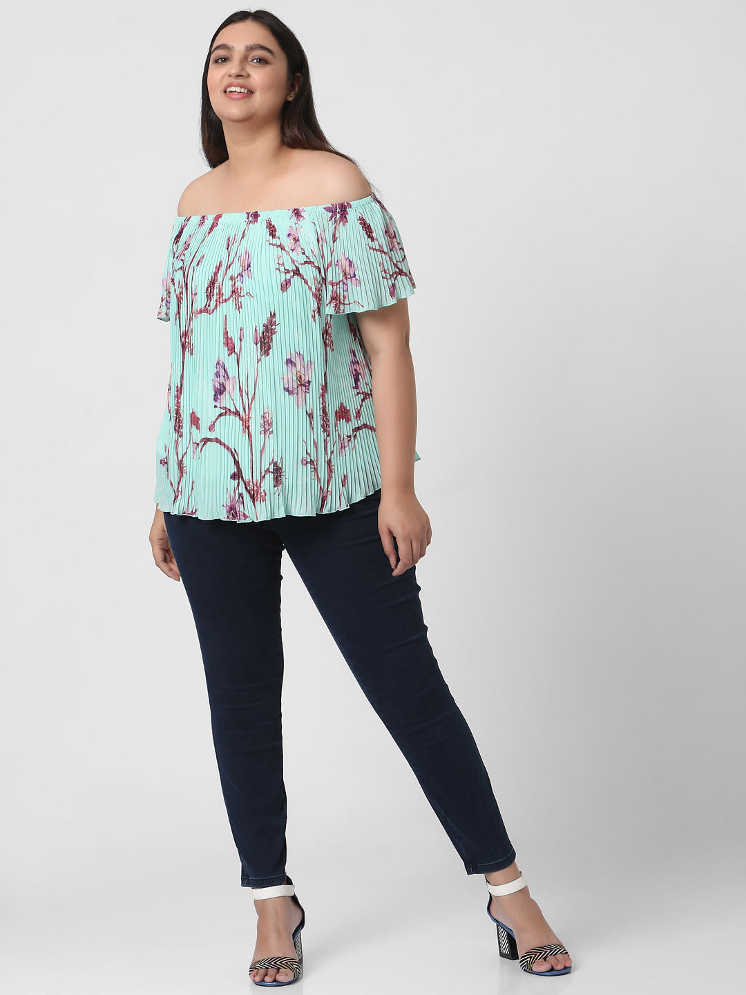 Curve Green Off Shoulder Floral Pleated Top