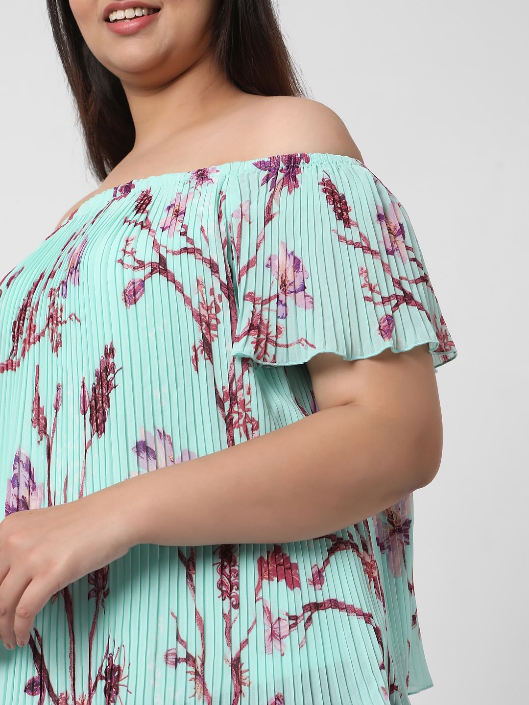 Curve Green Off Shoulder Floral Pleated Top
