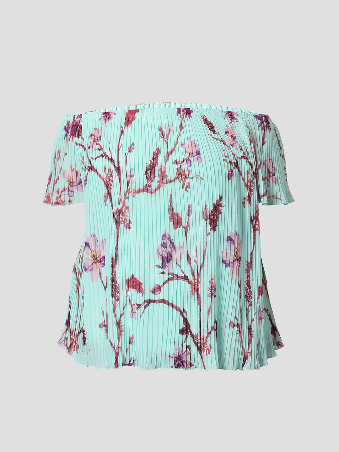 Curve Green Off Shoulder Floral Pleated Top