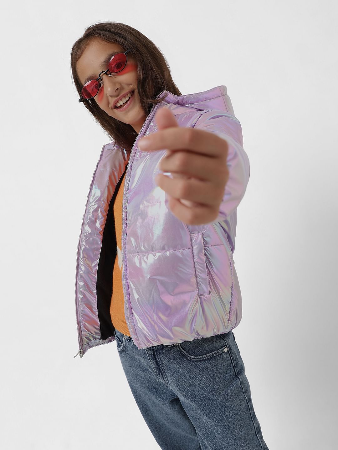 Girl Lilac Holographic Hooded Puffer Jacket