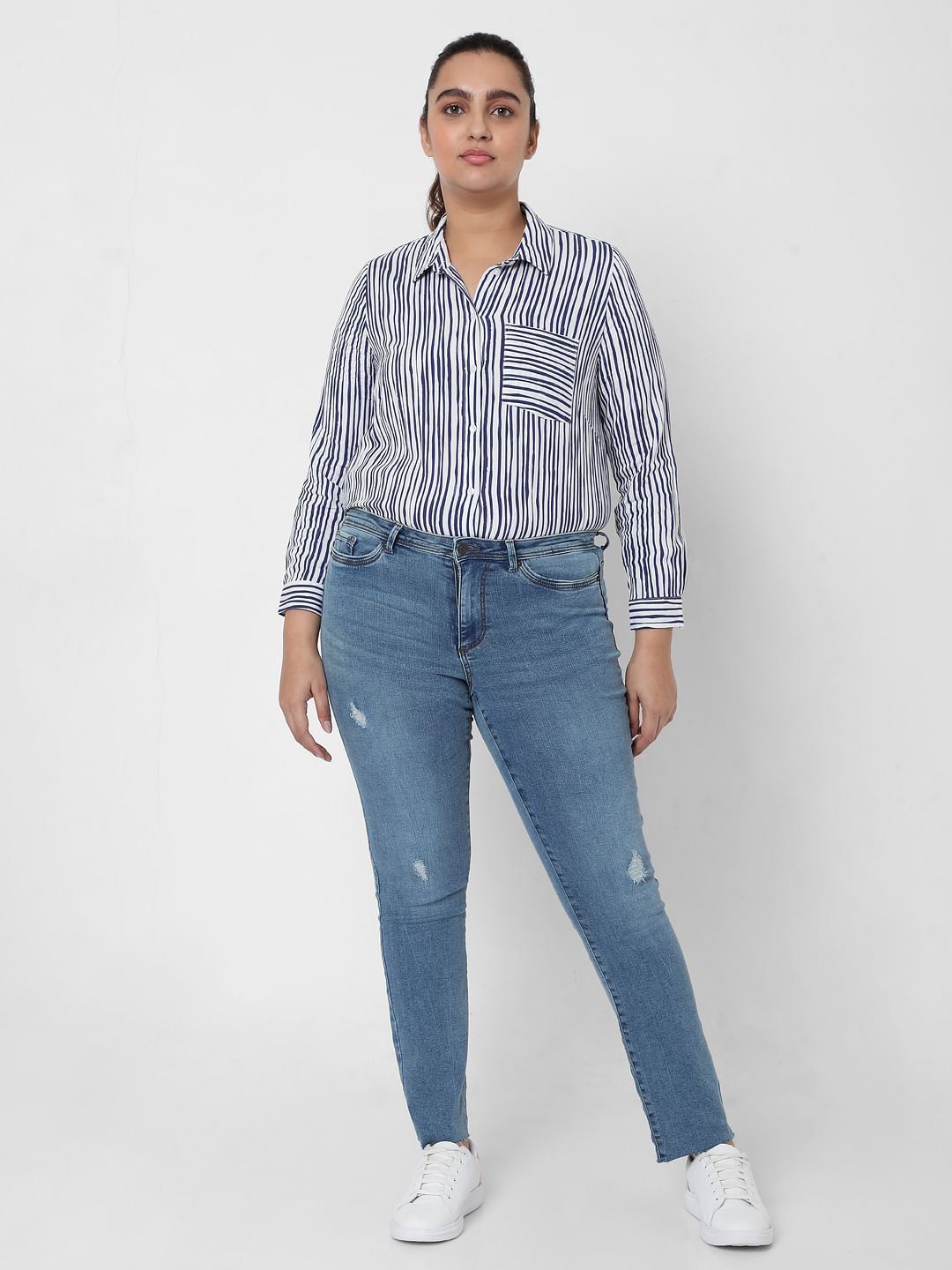 Curve Blue Mid Rise Distressed Wendy Skinny Jeans