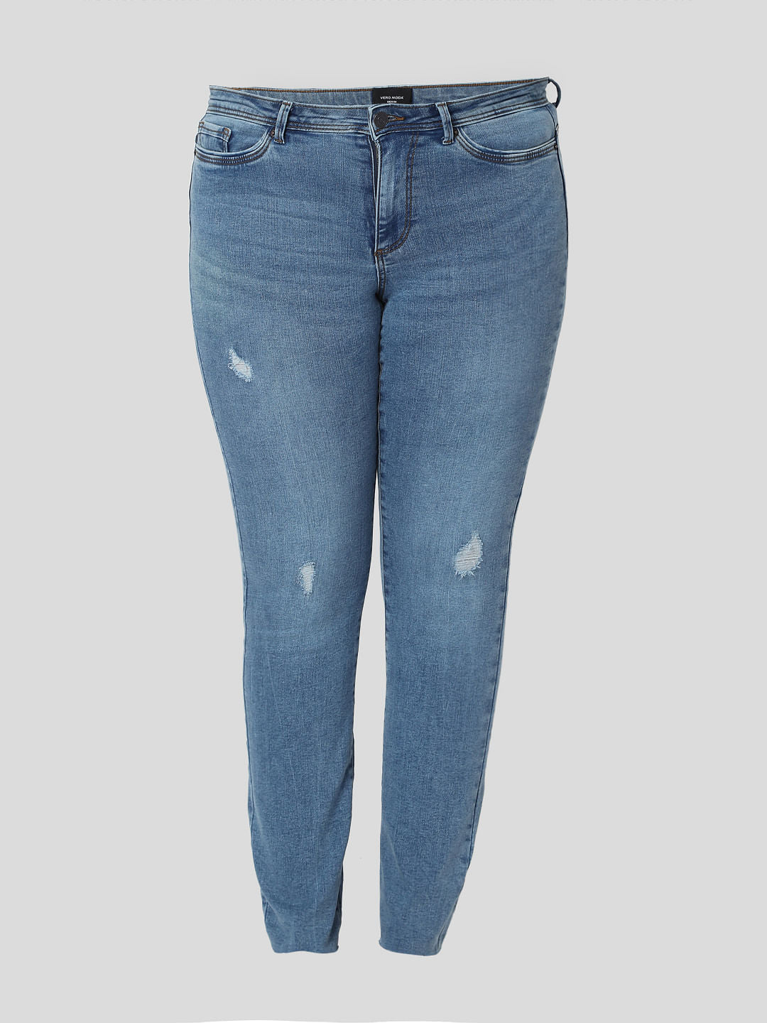 Curve Blue Mid Rise Distressed Wendy Skinny Jeans