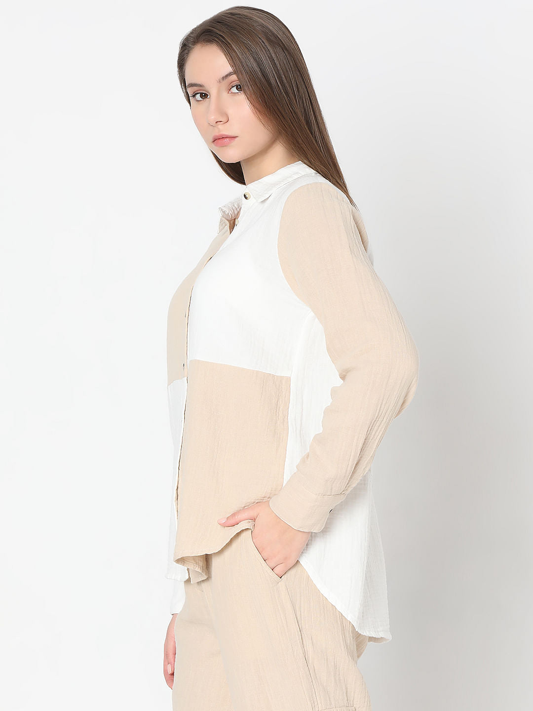 White Colourblocked Co-Ord Set Shirt