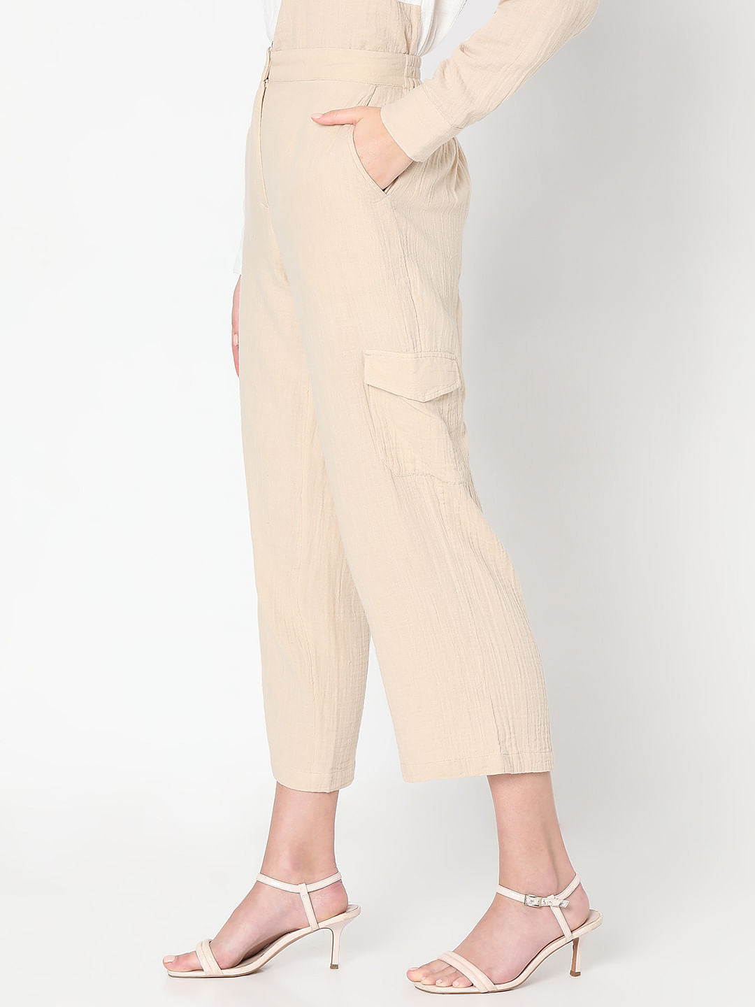 Beige High Rise Cotton Co-Ord Set Pants