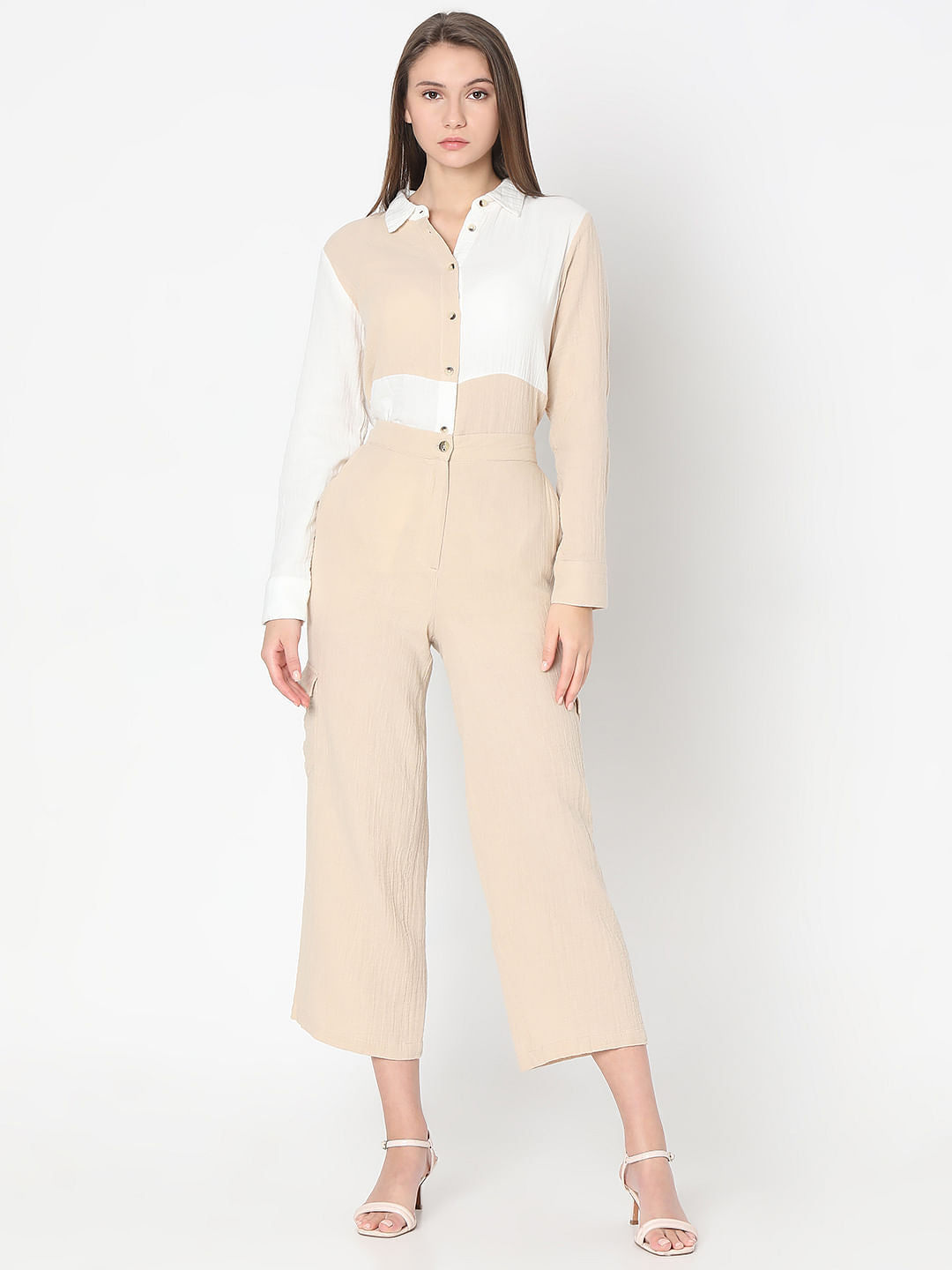 Beige High Rise Cotton Co-Ord Set Pants