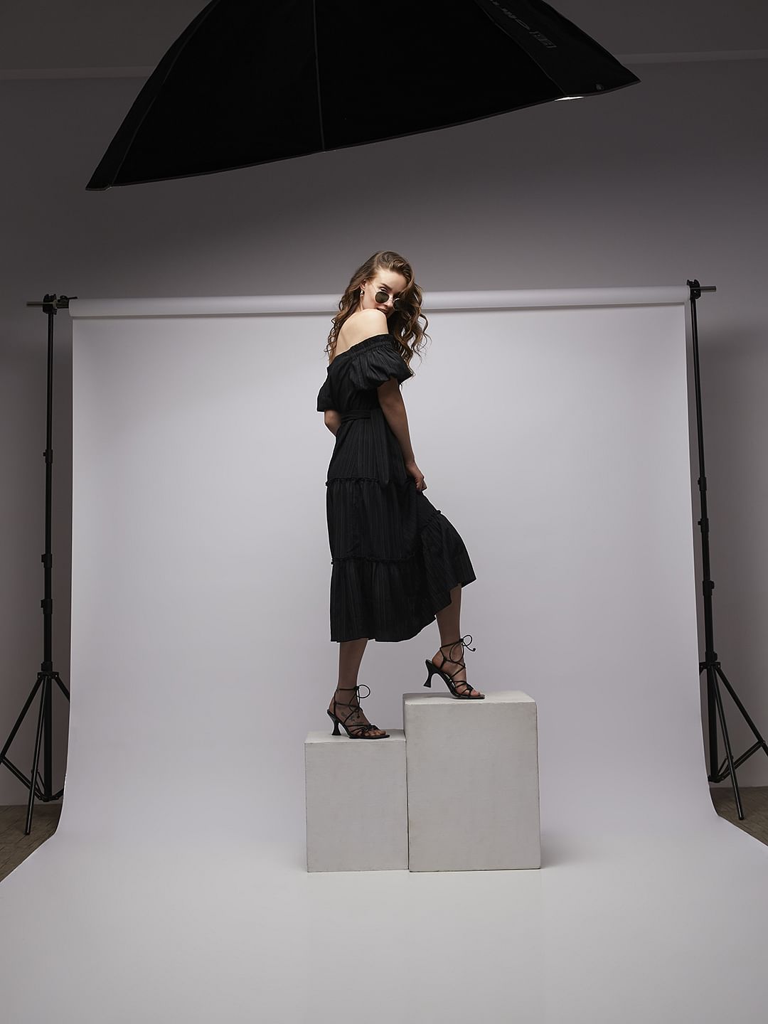 Black Striped Off-Shoulder Midi Dress