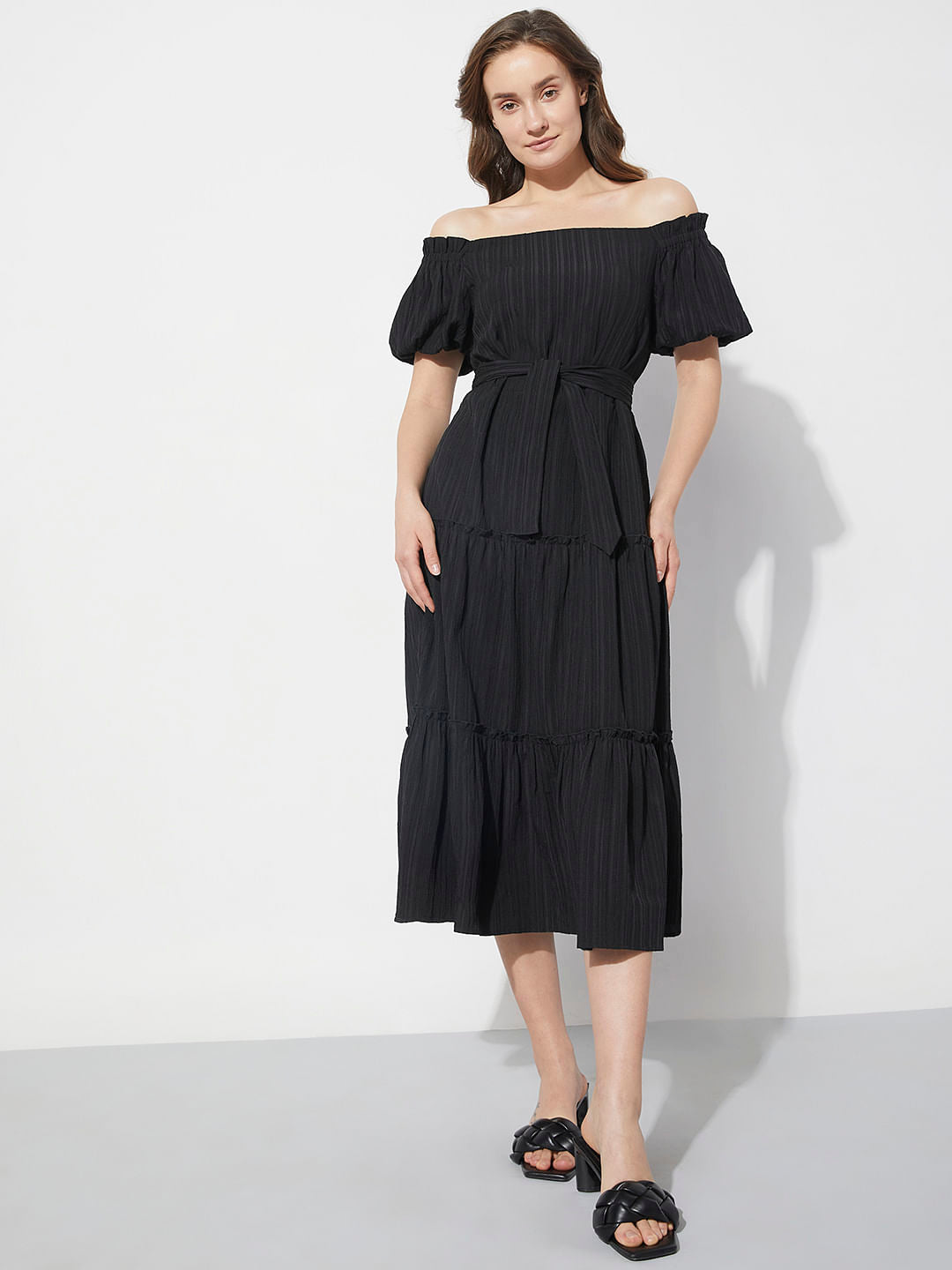 Black Striped Off-Shoulder Midi Dress