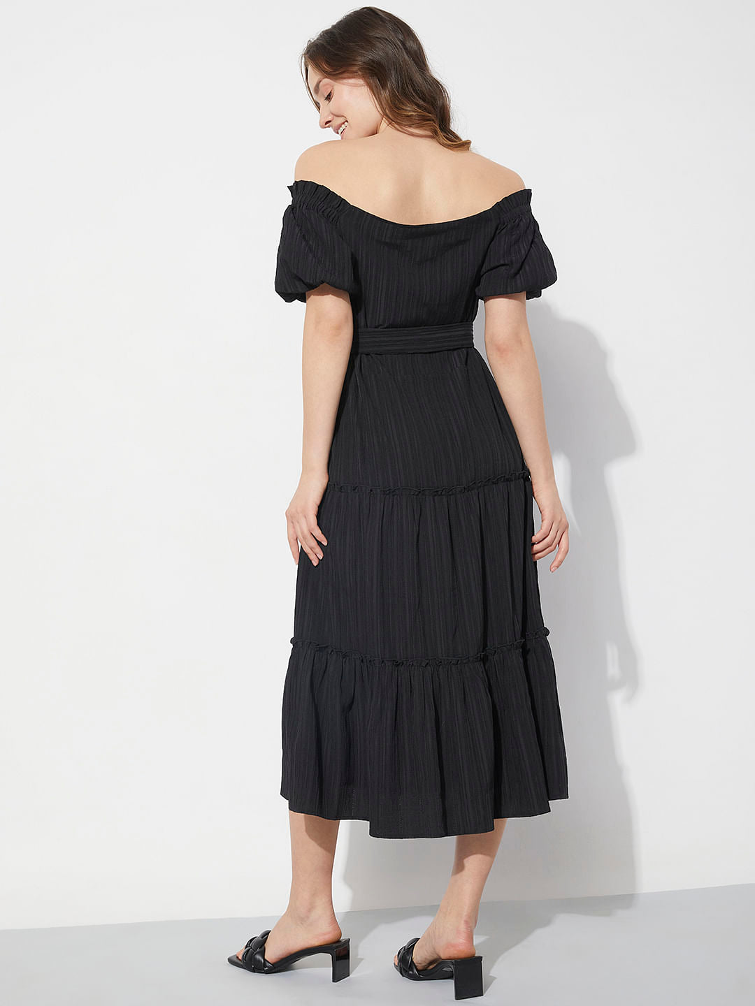 Black Striped Off-Shoulder Midi Dress