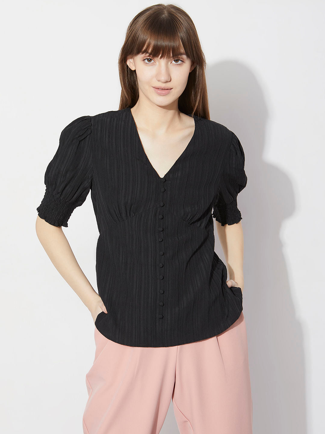 Black V-Neck Striped Top