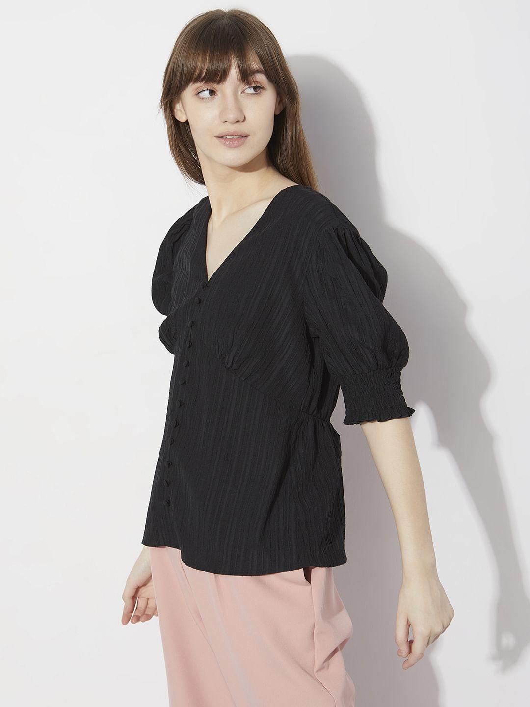 Black V-Neck Striped Top