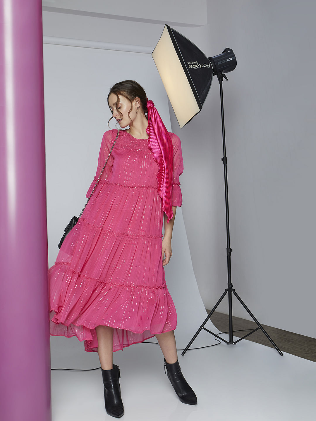 Pink Lurex Striped Midi Dress