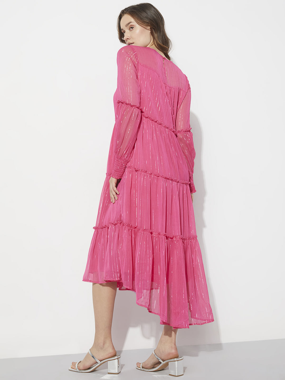 Pink Lurex Striped Midi Dress