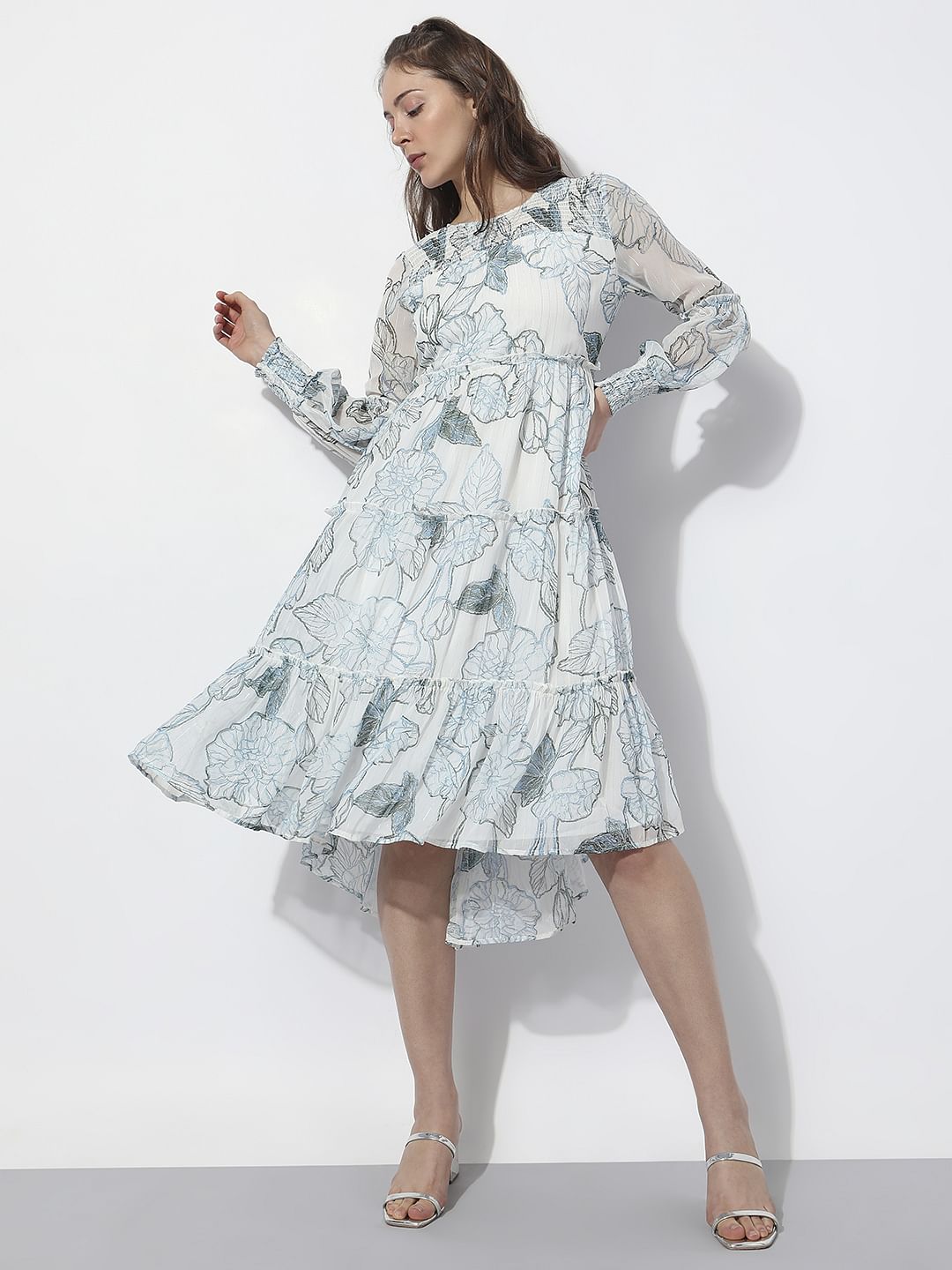 White Floral Print Midi Dress