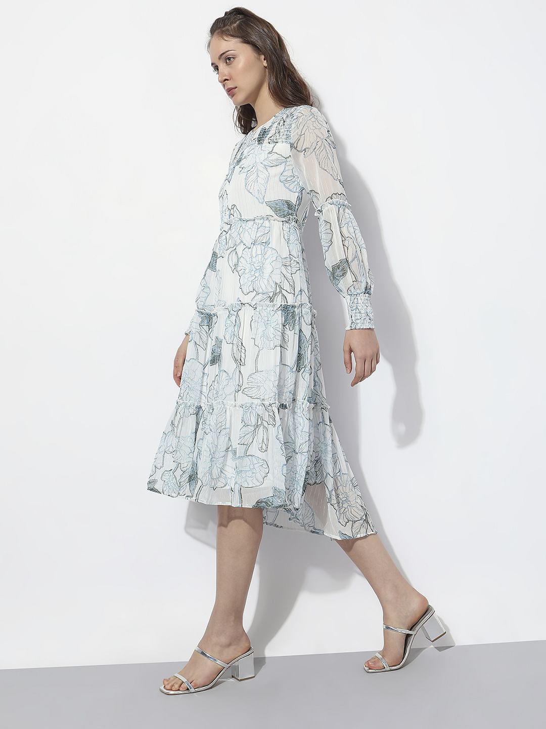 White Floral Print Midi Dress