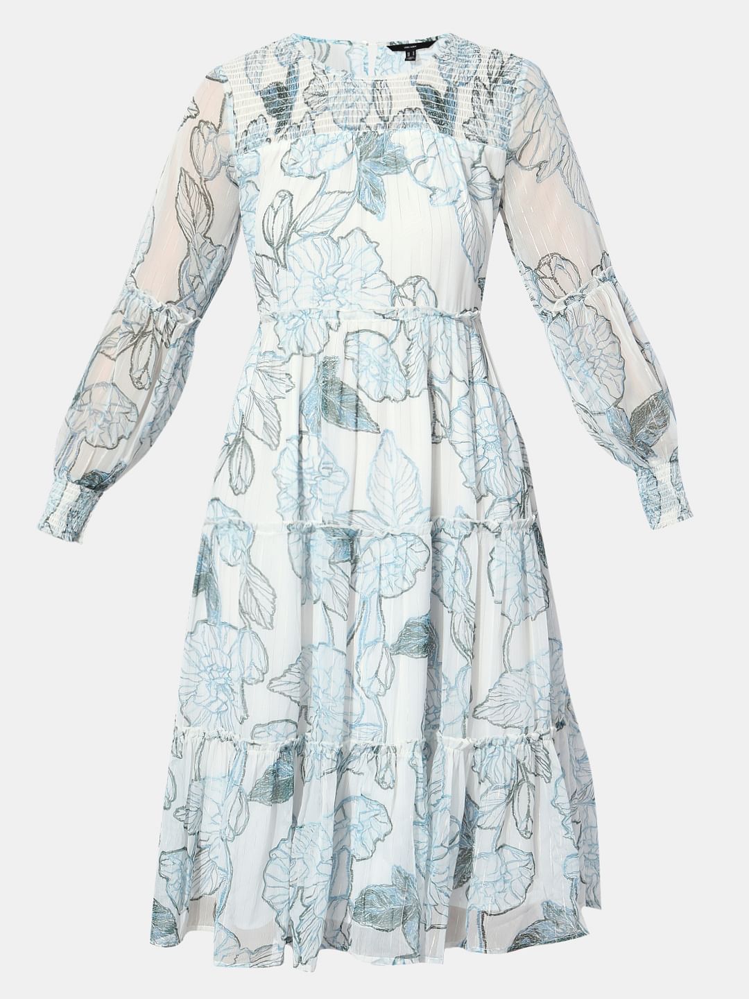 White Floral Print Midi Dress