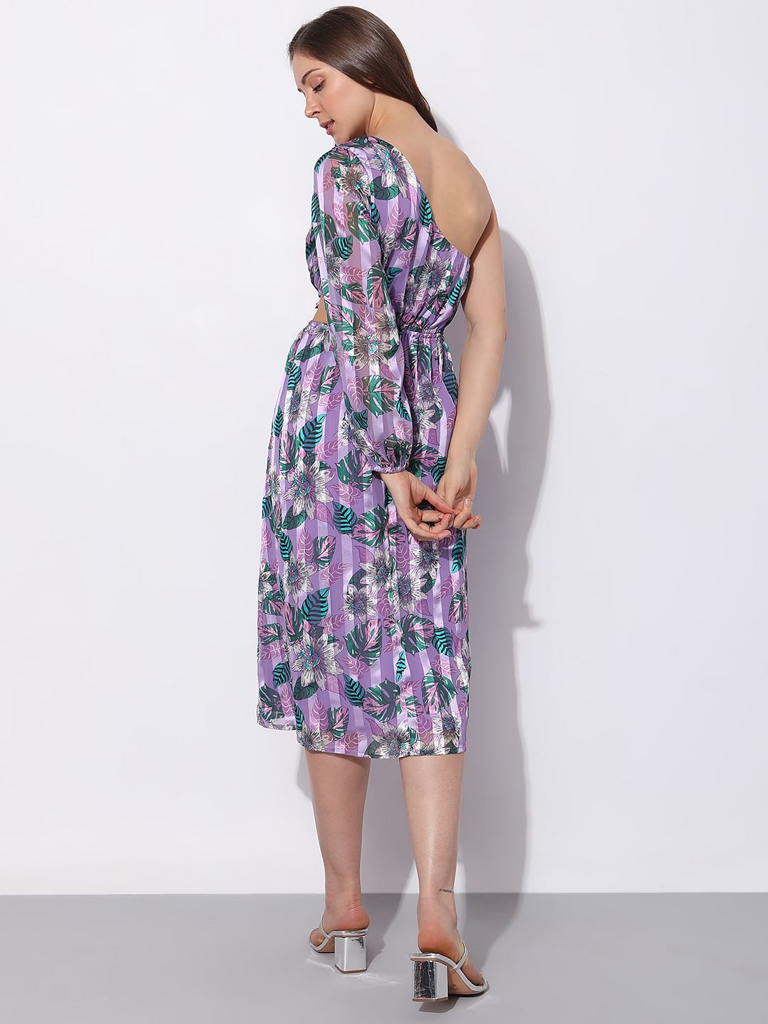 Purple Floral One-Shoulder Dress