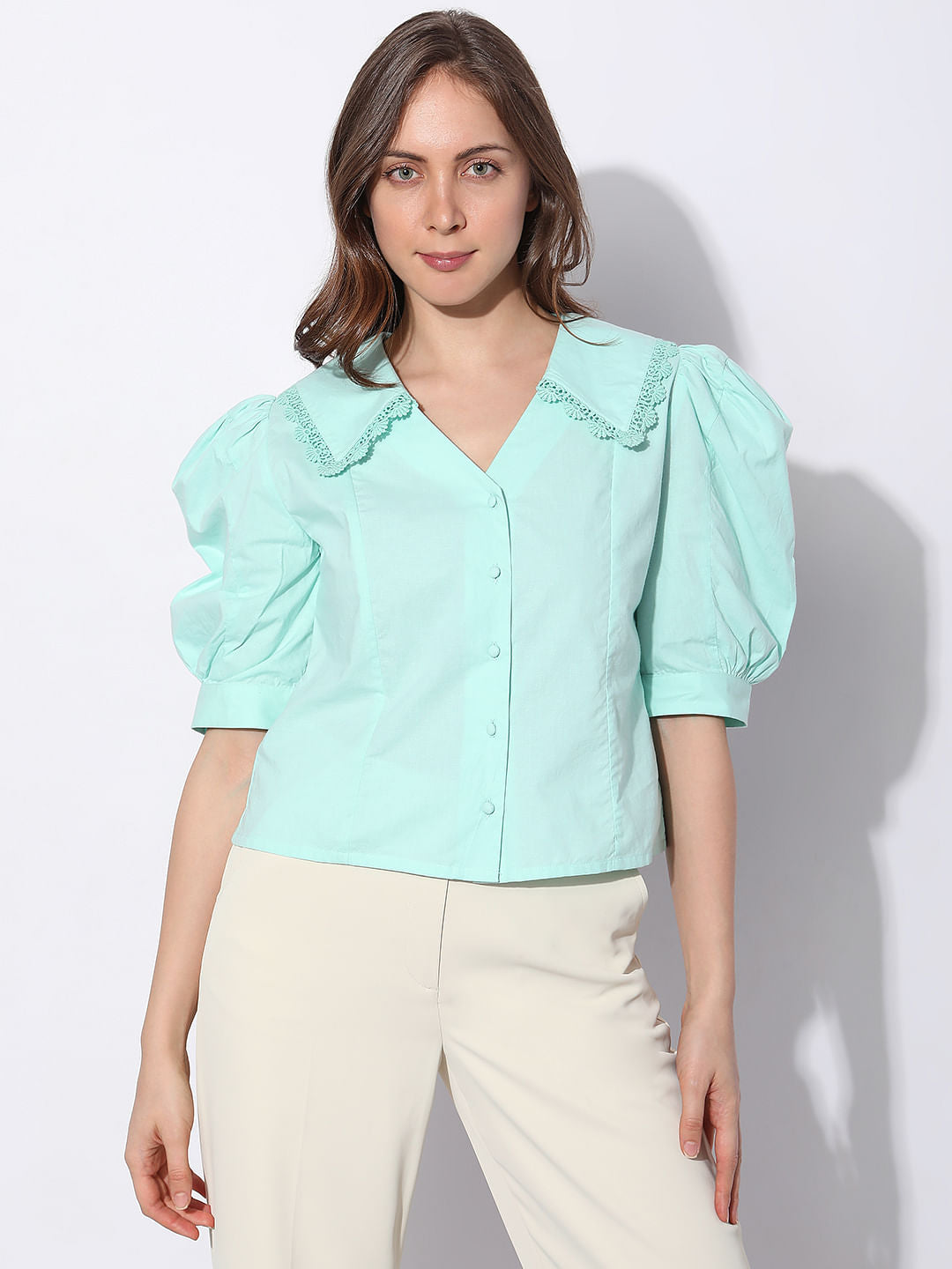 Sea Blue Puff Sleeves Top