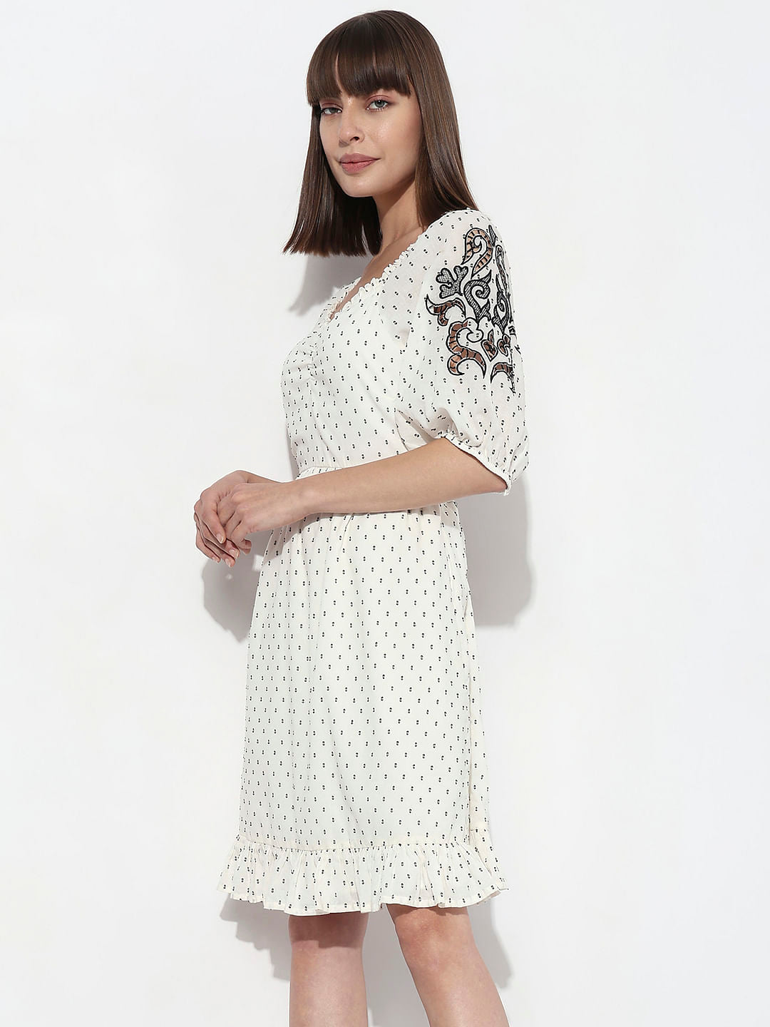 White Textured Embroidered Dress