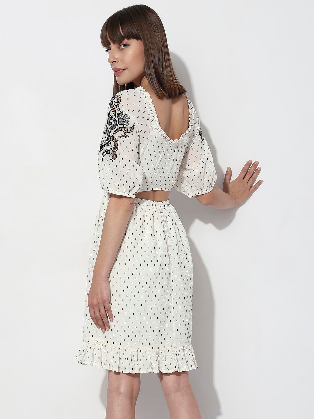White Textured Embroidered Dress