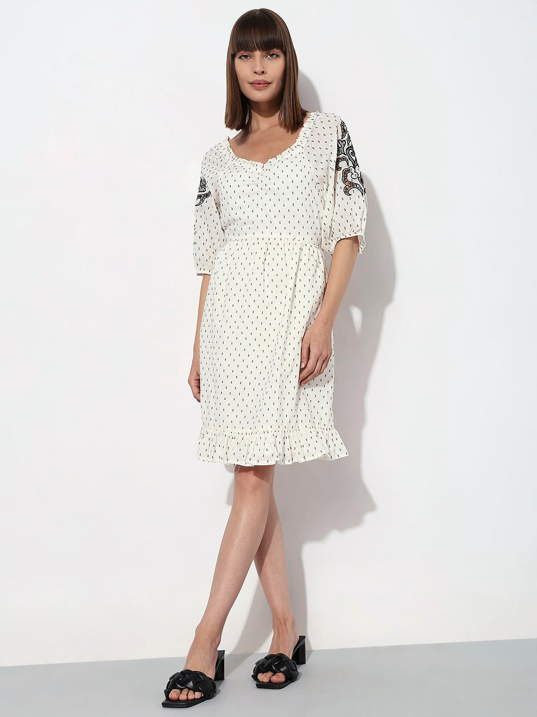 White Textured Embroidered Dress