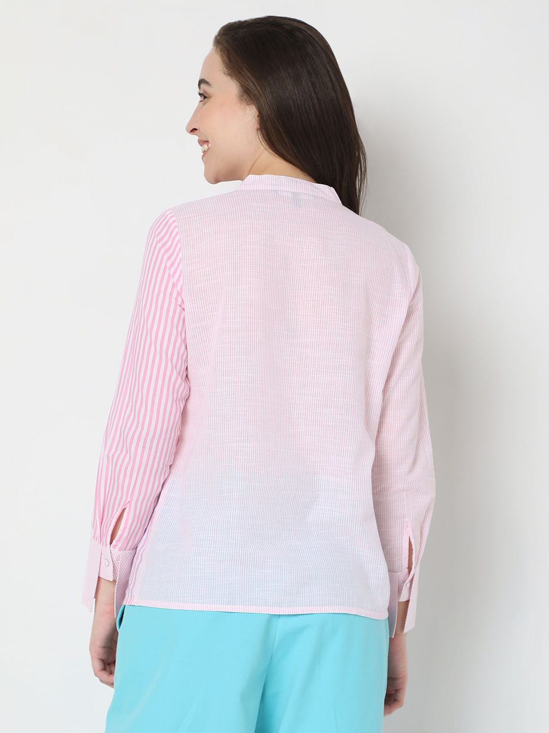 Pink Striped Mandarin Collar Shirt