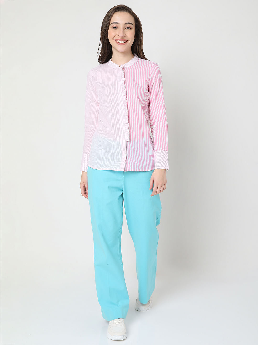 Pink Striped Mandarin Collar Shirt