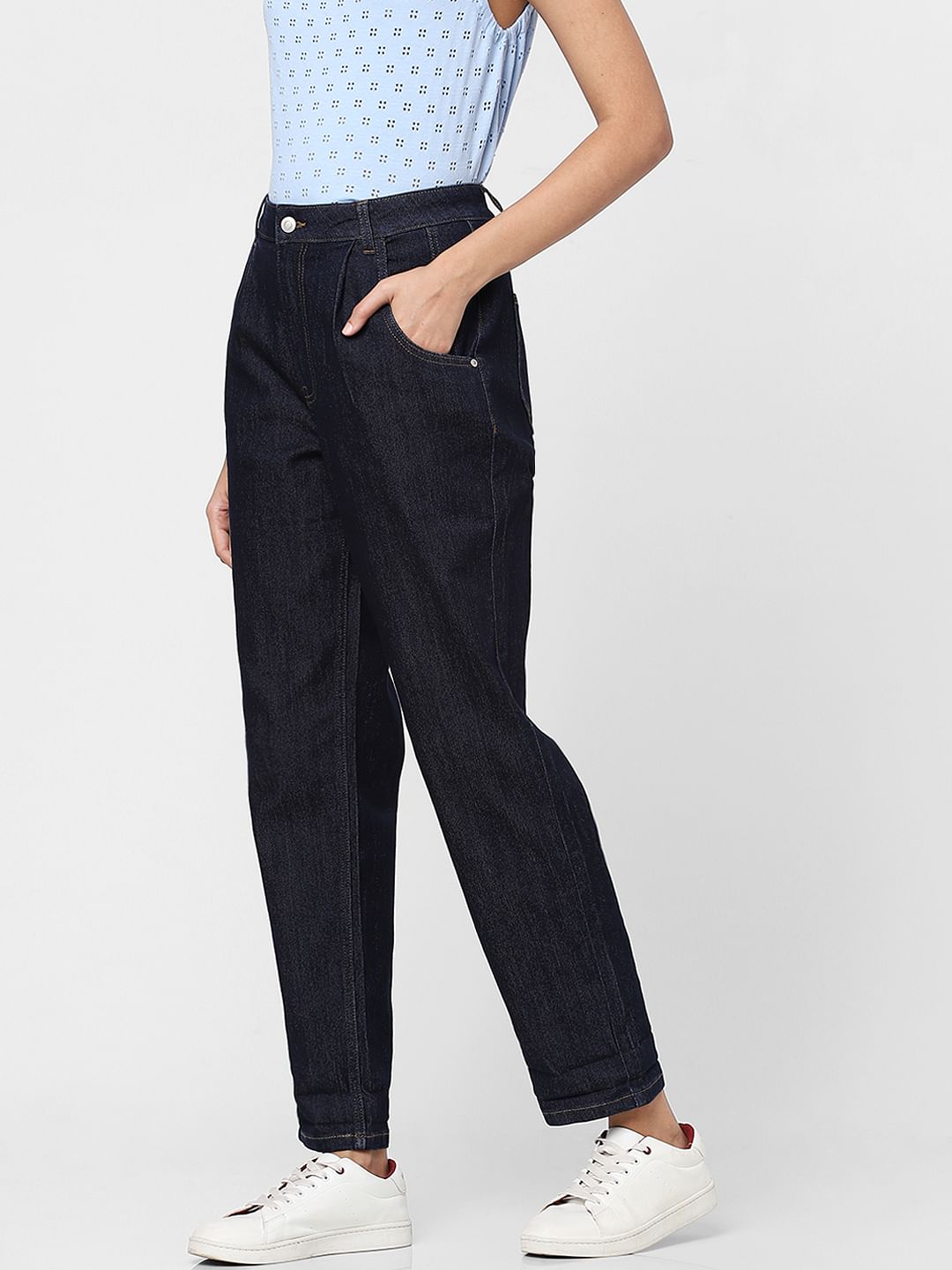 Blue High Rise Pleated Jade Straight Fit Jeans
