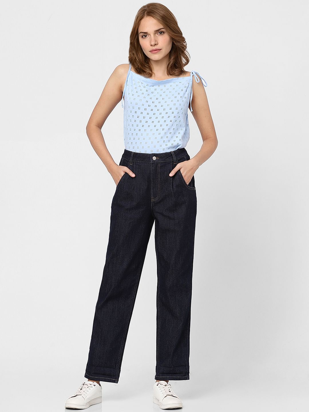 Blue High Rise Pleated Jade Straight Fit Jeans