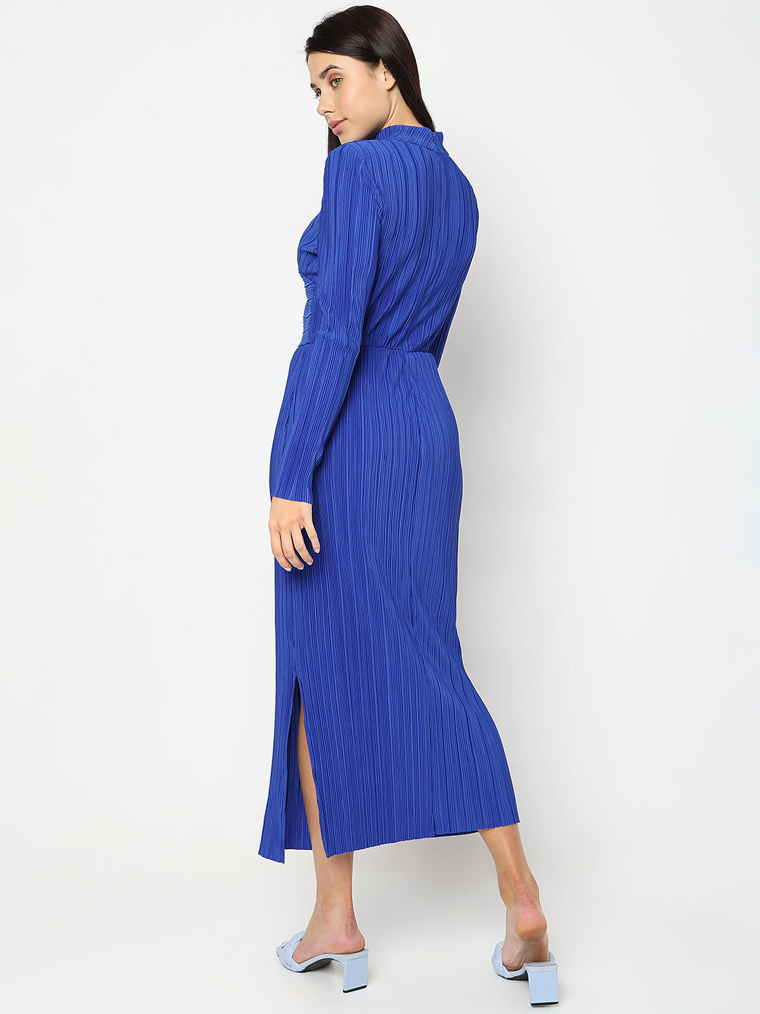 Blue Plisse High Neck Midi Dress