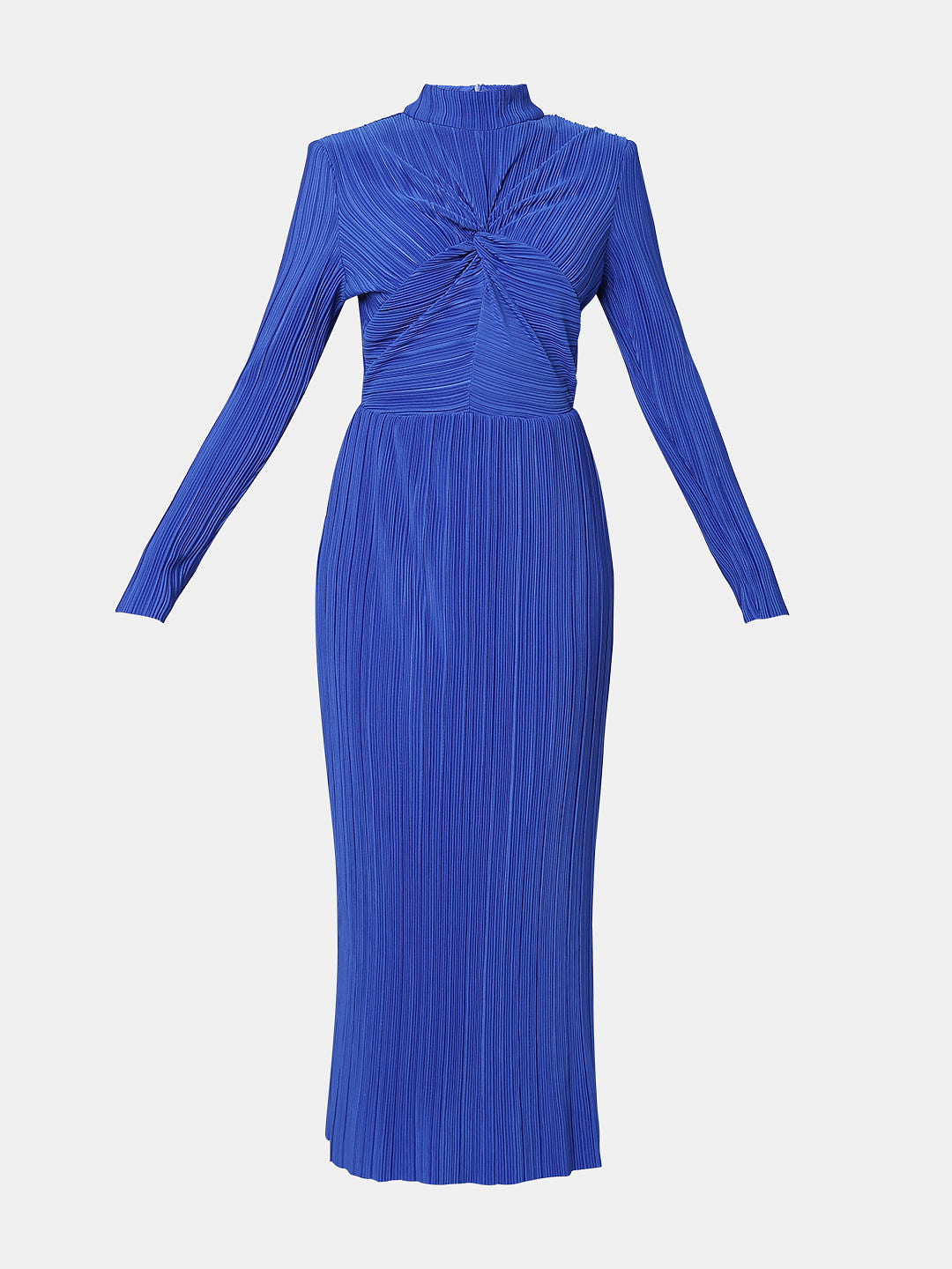 Blue Plisse High Neck Midi Dress