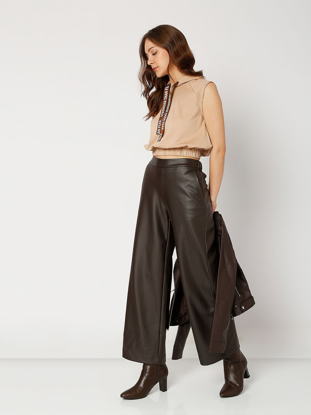 Brown Hooded Cropped T-Shirt