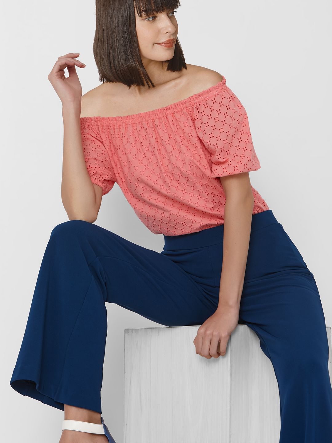 Coral Cut Work Off Shoulder Top